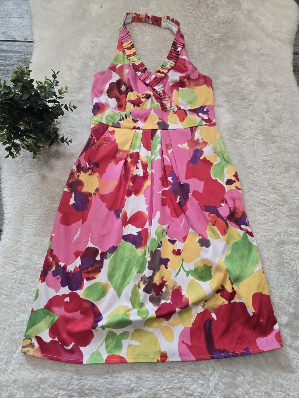 Blu Sage Colorful Floral Halter Ruffle V-Neck Halter Garden Party Dress, 4